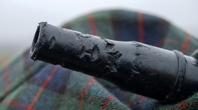 Broken black pipe on plaid fabric