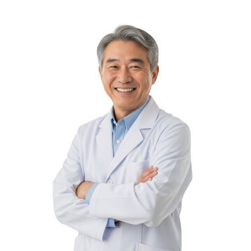 Smiling doctor with arms crossed in lab coat isolated on transparent background