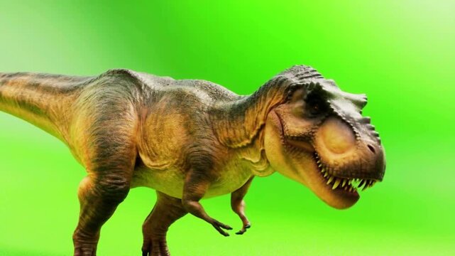 Realistic Tyrannosaurus Rex Dinosaur Model on Green Background.