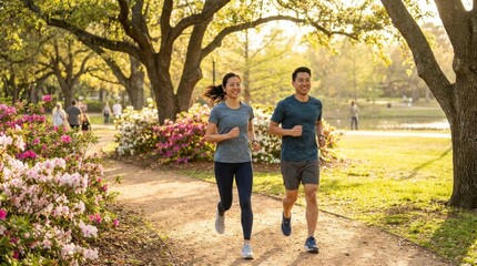 Obraz premium Couples Jogging Together in a Scenic Park During Sunset Hours