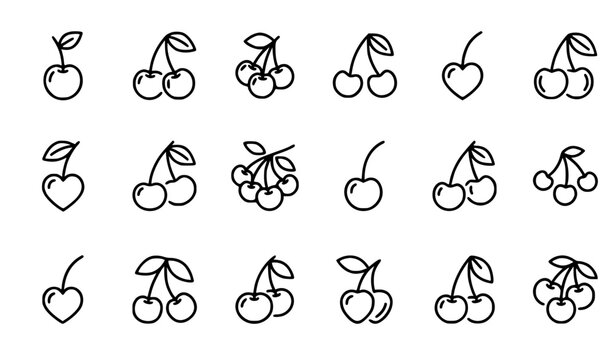Elegant minimalist black line art vector illustration set of sweet cherries, delicate thin outlines with charming details, various beautiful compositions including single cherry with stem and leaf, tw