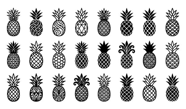 Stylish minimalist black vector illustration set of pineapples, various elegant designs including simple silhouette, geometric polygonal pineapple, tribal patterns, ornate decorative pineapples, detai