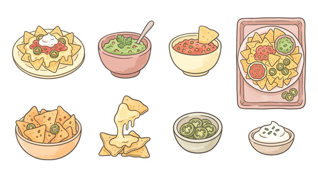 Collection of delicious nachos with various toppings and dips, presented in a charming hand-drawn illustration style.