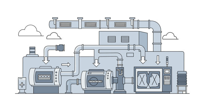 Industrial HVAC system with air handling units and ducts.