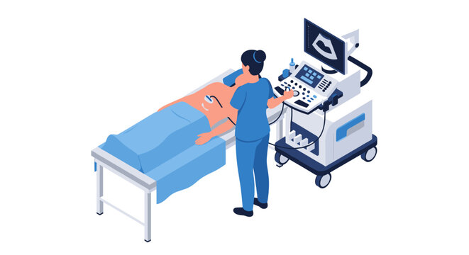 Medical professional performing ultrasound examination on patient lying on examination table.
