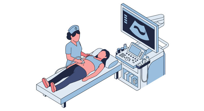 Medical professional performs ultrasound on pregnant woman patient.