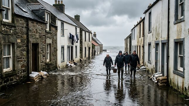 People walking through flooded street in old town after severe storm surge