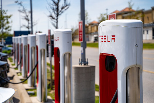 Close up of Tesla electric vehicle charging stations. Vaughan, Canada - May 26, 2026.