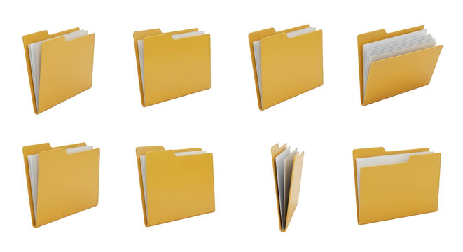 assorted yellow file folders displaying information and documents on a white background useful for business and administrative tasks