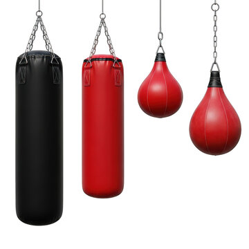Three hanging boxing punching bags in a row isolated on transparent background