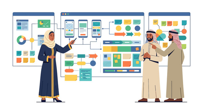 Flat vector illustration of a professional Arab woman in a hijab presenting mobile app wireframes and UI/UX design workflows to two Arab men in traditional thobes during a meeting.