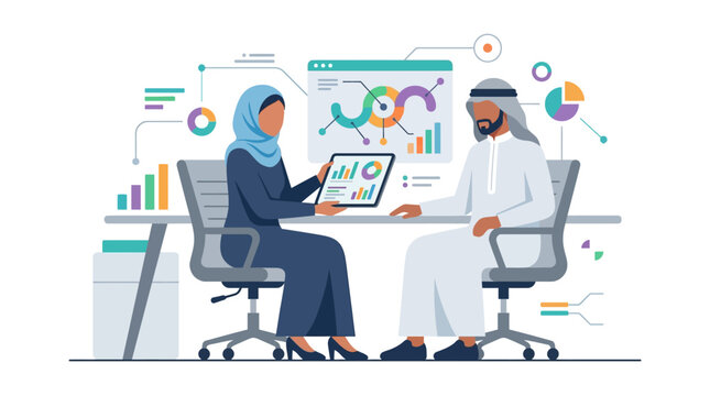 Flat vector illustration of an Arab man in thobe and a woman in hijab sitting at a desk, reviewing data analytics and AI charts on a tablet and digital dashboard in a modern office.