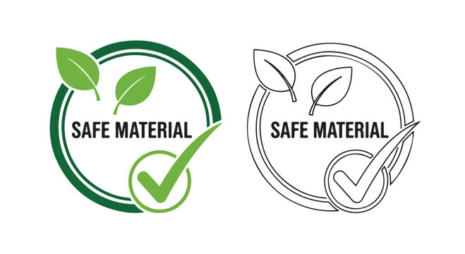 Safe material certification labels, eco friendly product badges with green leaves and check mark, non-toxic material quality seal vector icons