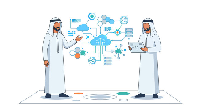 Two Arab software architects in traditional kandura and ghutra discussing cloud computing infrastructure, AI data networks, and system architecture on a digital interface.