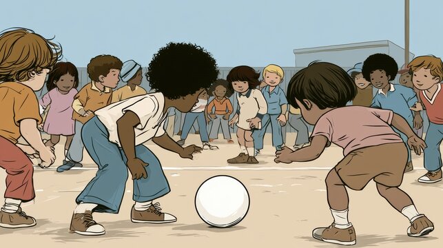 Children are playing kickball in a school yard. They are focused on the ball, enjoying their time together during recess.