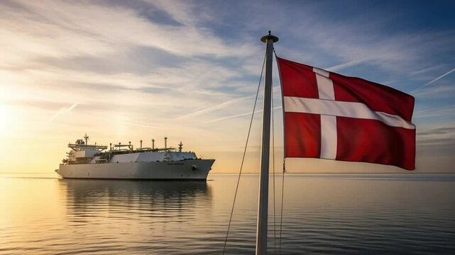 Large LNG tanker ship sailing on calm ocean at sunrise with Danish flag in foreground representing maritime energy logistics and international fuel transportation industry