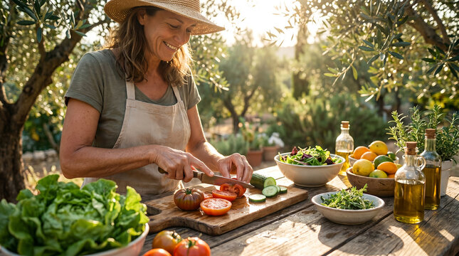 Smiling mature woman in apron and straw hat, chopping fresh red tomatoes, preparing a healthy salad on an outdoor wooden table, culinary lifestyle photography