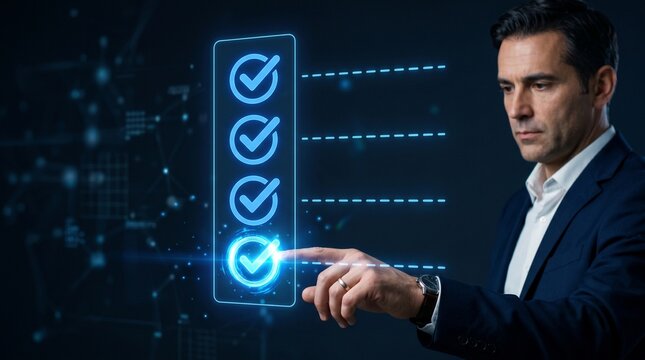 Cybersecurity verification checklist completion concept. Enterprise security audit checklist. Security compliance step completion.