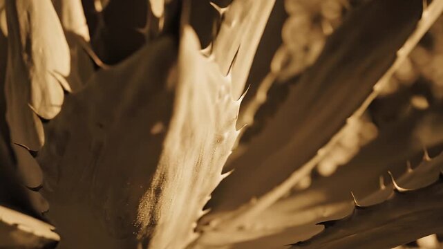 Close up of sharp agave leaves in warm sepia tone