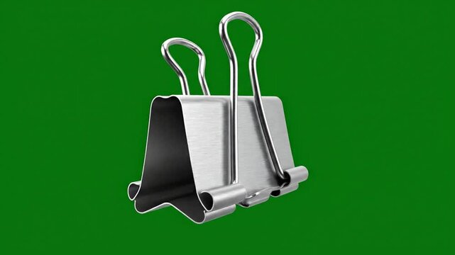 Silver binder clip rotating on green screen background