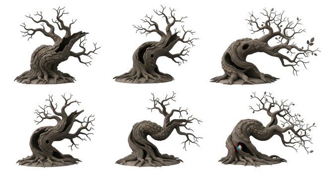 six stylized bare trees in various poses isolated on white background game assets or illustrations