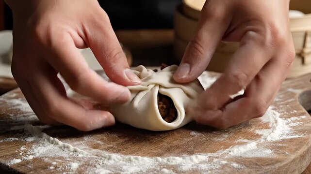 Closeup of hands preparing delicious dumplings with savory filling.