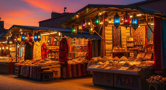 Vibrant Moroccan Night Market at Sunset - Colorful Lanterns and Traditional Goods on Display