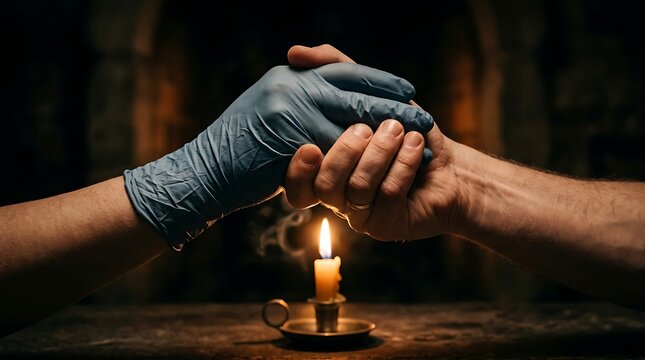 Gloved hand offering comfort to a bare hand over a lit candle