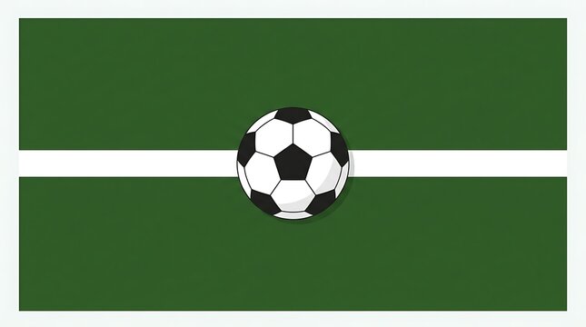 Soccer ball on a green pitch with a white center line