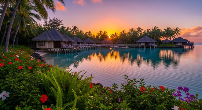 Tropical sunset overwater bungalows luxury resort with palm trees and vibrant sky reflections