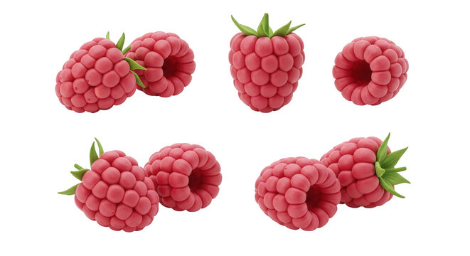 close-up studio shot of multiple ripe fresh raspberries arranged on a plain white surface for food or ingredient visuals