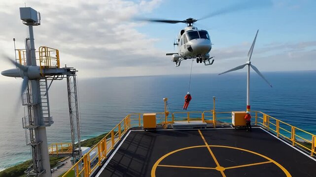 Wind Farm Support Helicopter Airdrops Technicians to Offshore Platform