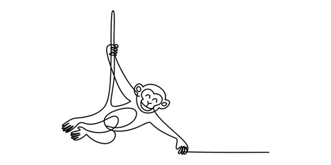 A single continuous line drawing of a cute little monkey hanging and playing in a fun and happy way as a simple black outline vector illustration design © Raj Creator