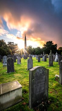 A serene cemetery scene at sunset with a church steeple