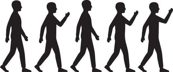 Black silhouette vector sequence of a man walking and raising his hand in greeting isolated on white background © MstRowshan
