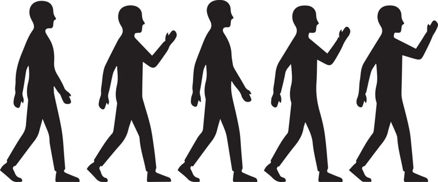 Black silhouette vector sequence of a man walking and raising his hand in greeting isolated on white background