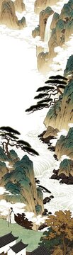Vertical scroll Chinese landscape steep brown green mountains white mist central river white lines water dark rocks pine trees dark green needles person white robe walking stick seated green bank bott