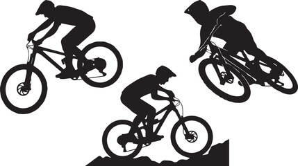 Black silhouettes of mountain bikers riding down rocky terrain and jumping in the air isolated on a white background © MstRowshan