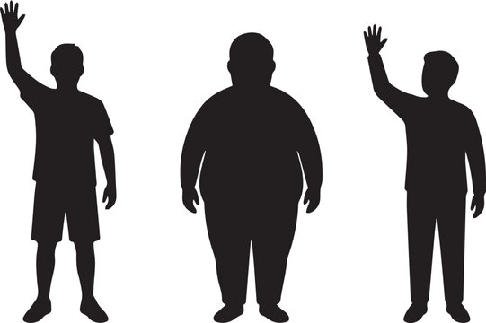 Black silhouettes of diverse men standing and waving hands isolated on a clean white background
