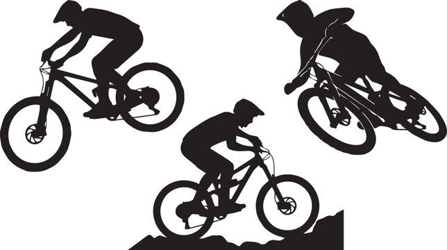 Black silhouettes of mountain bikers riding down rocky terrain and jumping in the air isolated on a white background