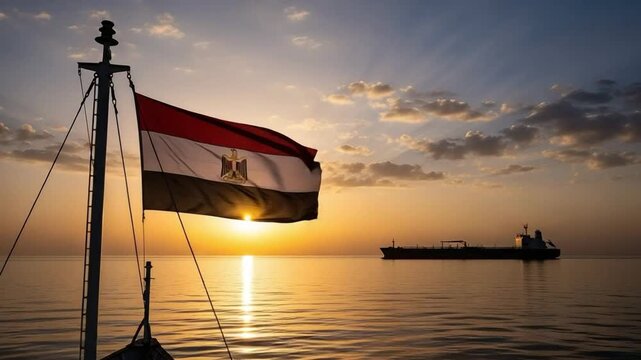 Egyptian flag flying on a cargo ship mast at sunset over the sea representing maritime trade logistics and international shipping industry concepts