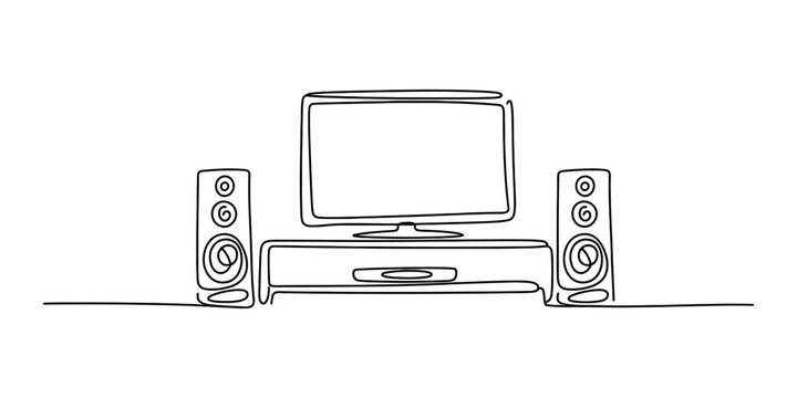 Continuous single line drawing of a home theater television set with two speakers and a media console stand for living room entertainment system setup
