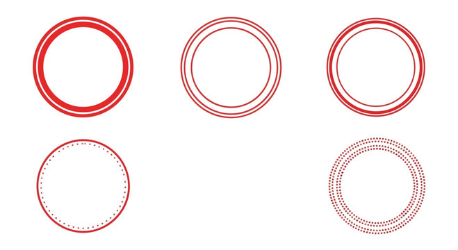 Red circular stamp frames set, 5 round rubber seal borders, vintage postal mark templates, blank badge outlines for certificate and logo design