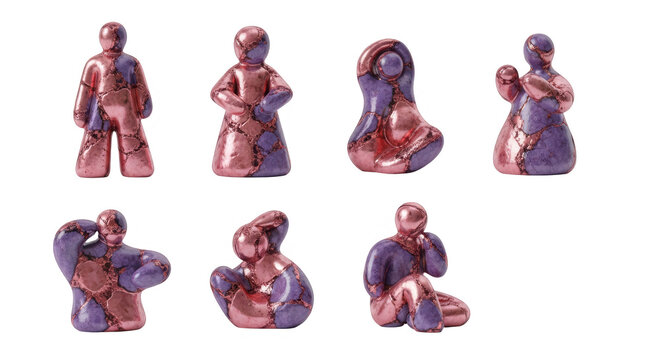 group of abstract human figure sculptures pose on white background for design concepts decor elements and artistic projects
