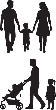 Happy family silhouettes vector set with parents holding hands with child and father walking with baby stroller