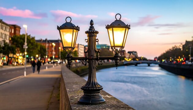 A serene cityscape at dusk featuring a river and vintage street lamps