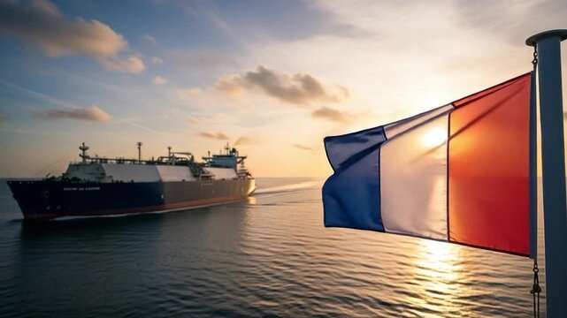 LNG tanker ship at sea with French flag representing energy import security and international trade logistics during sunset for global fuel supply concepts