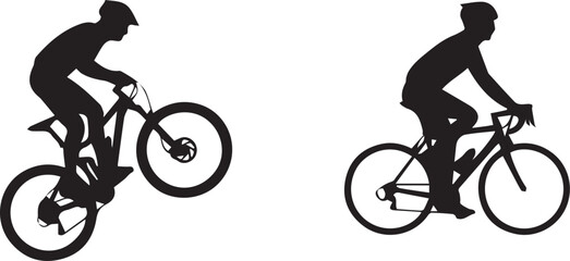 Obraz premium Set of black silhouettes featuring a mountain biker performing a wheelie and a road cyclist riding isolated on a white background