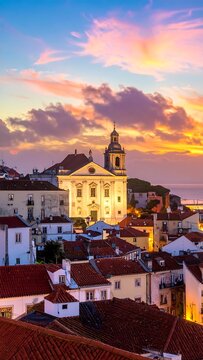 A serene cityscape at sunset with a large church