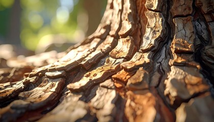Fototapeta premium Close-up of Rough Tree Bark Texture in Natural Sunlight.
